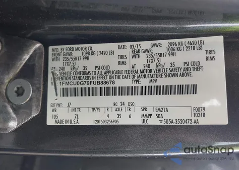 2015 Ford Escape Se из США, поврежденный, VIN 1FMCU0G79FUB88678